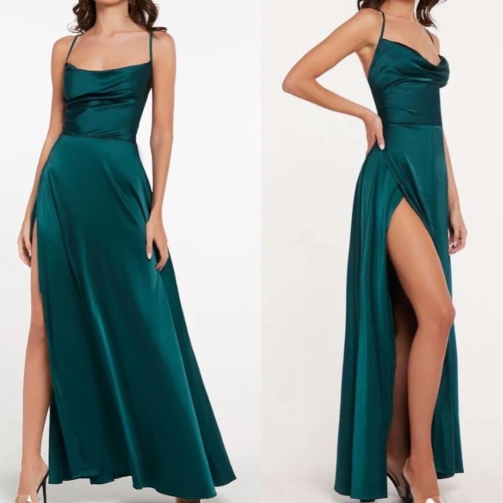 Luxe lace up back wrap hem cami satin dress